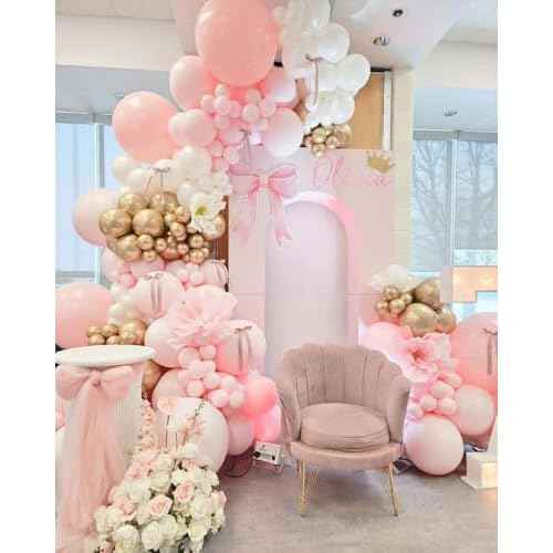 Pink and White Gold Balloon Arch Garland Kit 153pcs with Star, 22 18 12 10 5in Different Size Pink white Metallic Gold Confetti Balloons for Birthday Baby Shower Wedding Party Decorations