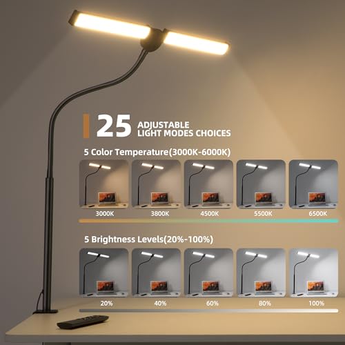 Motumen Black LED Desk Lamp for Home Office Eye-Care Clamp Light
