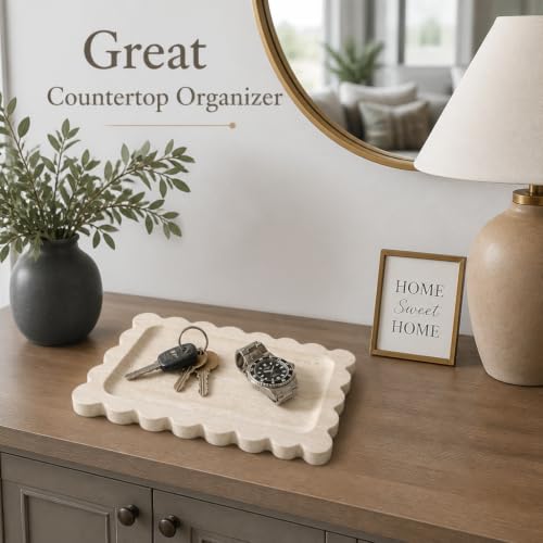 Koville Travertine Vanity Tray 11"x7.9" Beige Natural Stone Organizer for Bathroom & Kitchen
