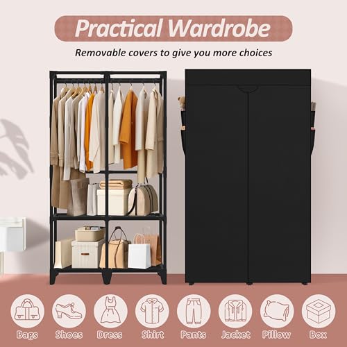 Jofuler Black 34-Inch Portable Wardrobe Closet with Shelves & Cover