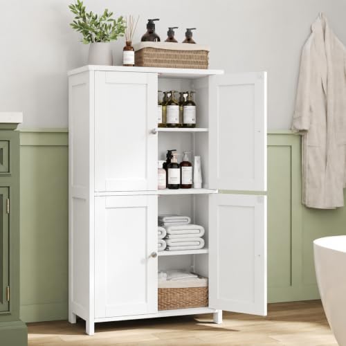 Nuturelly Bathroom Floor Storage Cabinet - Snowy White, 4-Door, Anti-Tip
