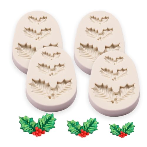4Pcs Christmas Holly Leaves Silicone Molds for DIY Cake Fondant Biscuit Cookies Soap Sugar Pudding Chocolate Hard Candies Dessert Candle Decor