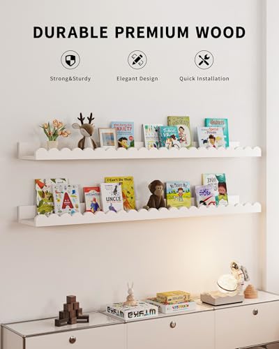 Shario White Nursery Book Shelves 36 Inches - Set of 4 Floating Wall Shelves for Kids Bedroom & Toddler Room