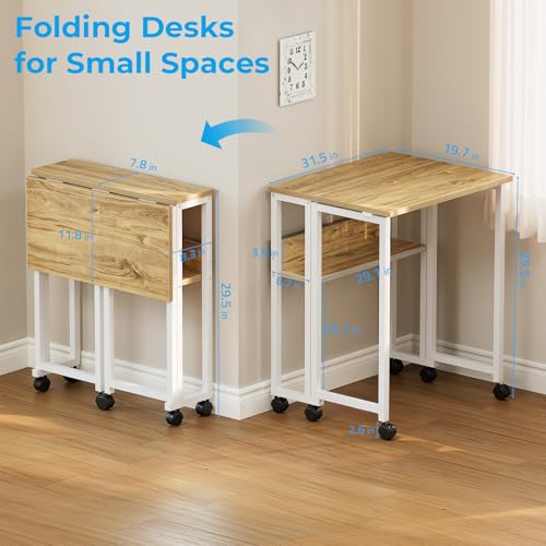 GreenForest Folding Desk with Wheels - 31.5 Inch Oak Rolling Table for Small Spaces