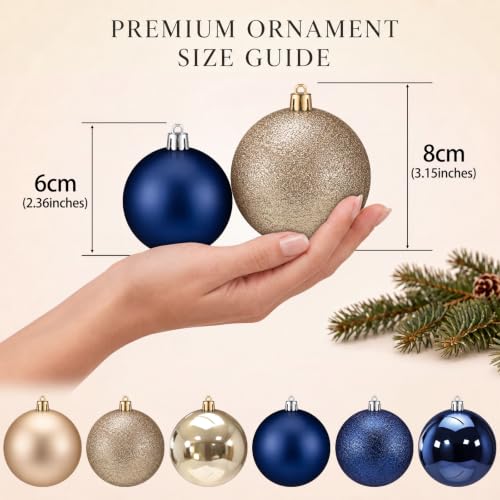 Junkin Navy Blue & Gold Christmas Ball Ornaments Set - 24 Pcs, 2.36" & 3.15"