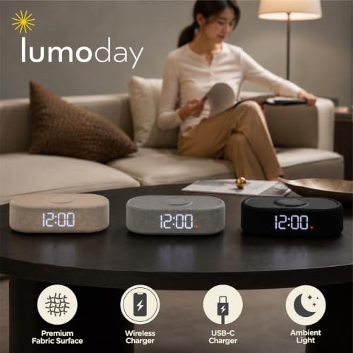 Fabric Digital Alarm Clock with Wireless Charging - Beige - Dual Alarm & Dimmable Display