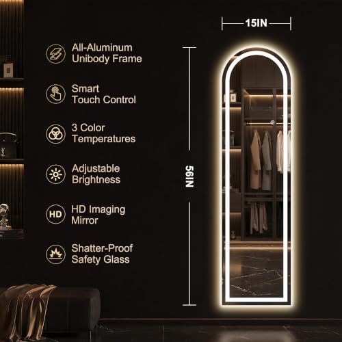 White Arched Full Length Mirror with Lights - 56x16 Dimmable LED Wall & Standing Vanity