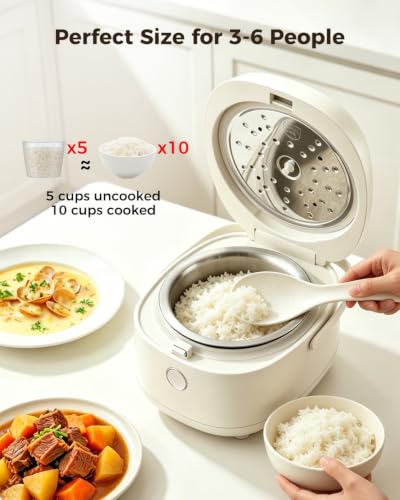 Mini Stainless Steel Rice Cooker 5 Cup Uncooked, 10 Cup Cooked with Timer - Warm White