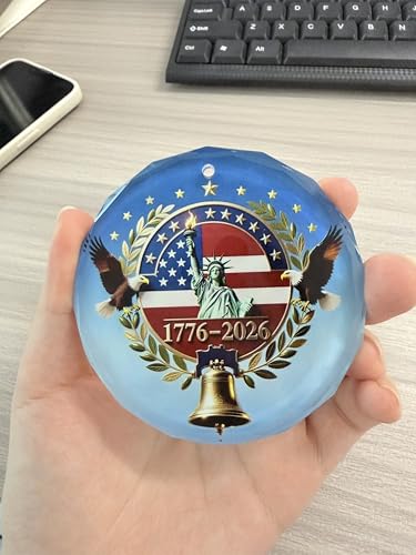 Yushengtong Patriotic America 250th Anniversary Crystal Glass Ornament Pendant - Red, Blue, White, Gold - 3 Inch Holiday Christmas Decoration