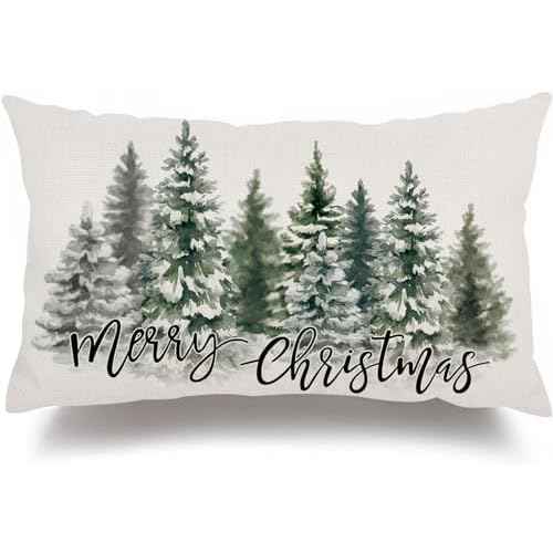 AKIT Merry Christmas Pillow Covers 12 x 20 Inch Trees Throw Pillow Cover Decorative Rectangle Pillow Cover Winter Holiday Cushion Case for Couch Bed Sofa