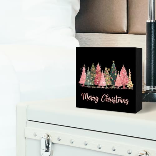 Pink Christmas Wood Box Sign - Merry Christmas Tree Decor for Home & Office