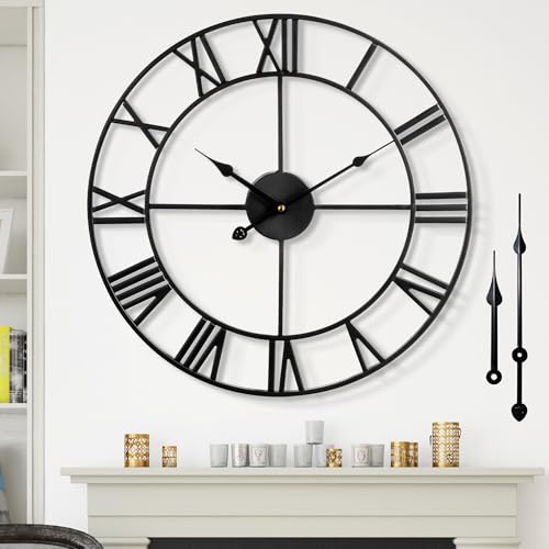 Wall Clock - 24 Inch Silent Non-Ticking Decorative Large Wall Clock, Battery Operated Metal Vintage Retro Roman Numerals Wall Clock for Living Room, Bedroom, Kitchen, Office, Farmhouse Decor