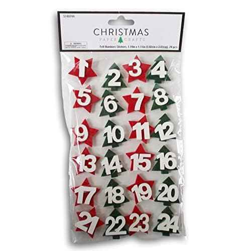Christmas Felt Stickers - Advent Countdown Calendar Numbers Red and Green Stars - Holiday Crafts 3D Adhesive Pieces - 24 Count