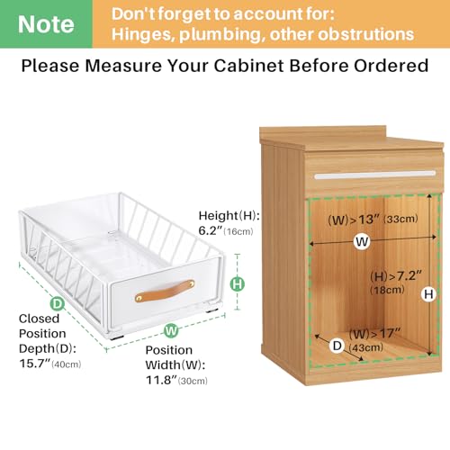 Pull Out Cabinet Organizer 11.8W x 15.7D x 6.2H Inches White - Heavy Duty Sliding Shelf with Handle, Nano Film Adhesive, 1 Pack