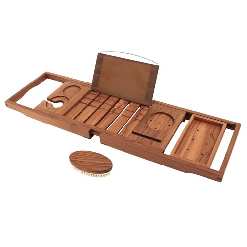 VaeFae Teak Bathtub Tray Expandable Wooden Tub Caddy Non-Folding - Teak Wood