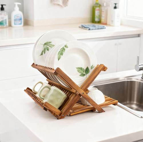 Utoplike 3-Tier Collapsible Teak Dish Drying Rack Large Capacity - Standard