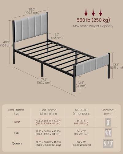 VASAGLE Twin Bed Frame with Upholstered Headboard, Footboard, Metal