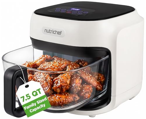 NutriChef 7.5 Quart Family Size Air Fryer with Glass Bowl - White
