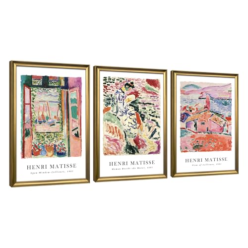Wieco Art Framed 3-Piece Colorful Matisse Wall Art Set 16x24 inch with Bronze Gold Frames