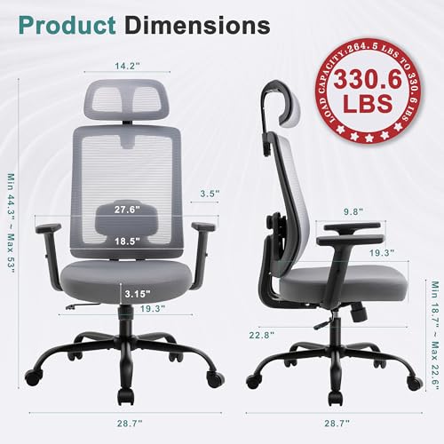 Ergonomic Mesh Office Chair with Adjustable Lumbar Support & Headrest - Gray Task Chair for Home & Work