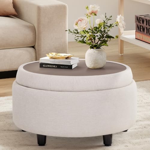 COLAMY Classic Beige Fabric Round Storage Ottoman with Reversible Tray Lid – Multi-Functional Footrest & Small Coffee Table