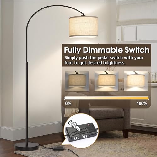 Black Dimmable Arc Floor Lamp with Adjustable Shade & Foot Dimmer - Modern Standing Light for Living Room & Bedroom