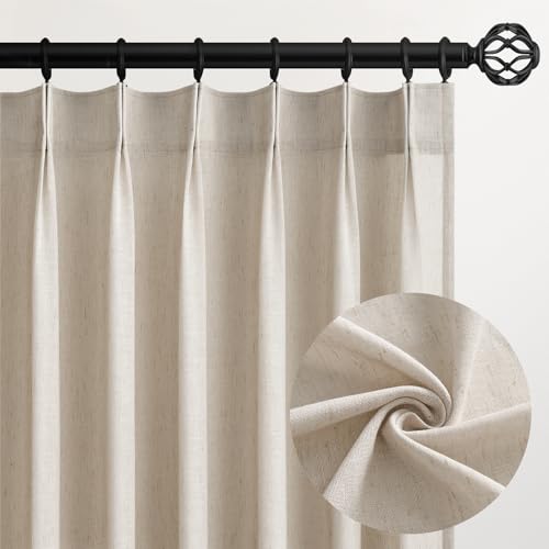 Topfinel Oatmeal Linen Blended Pleated Sheer Curtains - 2 Panels, 40"x96", Light Filtering Window Drapes, Pack of 2