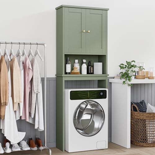 Shintenchi Over the Toilet Storage Cabinet - Green Bathroom Shelving with Adjustable Shelves and Doors