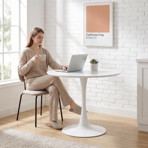 Trygoal White 31.5-Inch Mid-Century Tulip Round Dining Table with Metal Pedestal