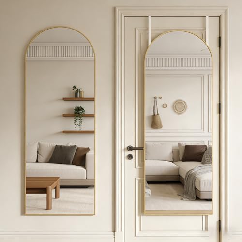 Gold 14x48 Inch Full Length Arched Wall & Door Mirror - Over Door & Wall Mountable