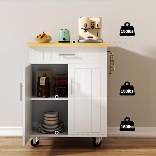 Kitchen Island Cart with Storage & Rubberwood Top - White / 26"