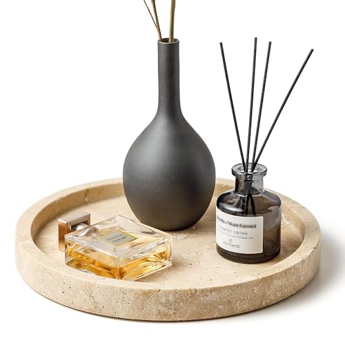 Natural Beige Marble Vanity Tray - 9.44 Inch Round Bathroom & Kitchen Organizer