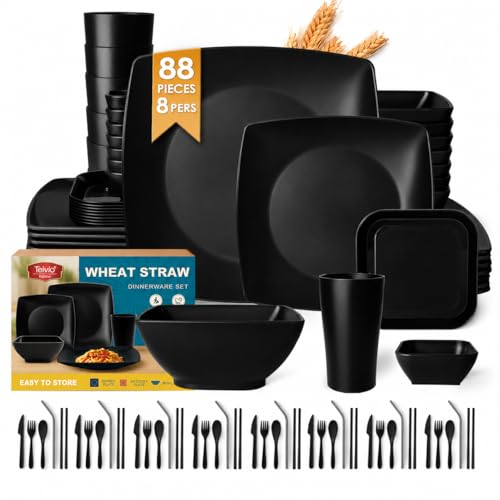 Black 88-Piece Square Dinnerware & Flatware Set for 8 - Wheat Straw & Plastic