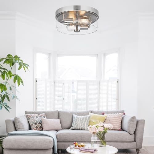 Brushed Nickel 2-Light Flush Mount Ceiling Light Fixture with Seeded Glass Shade for Porch, Hallway, Bathroom, Dining Room, Foyer - SZZGCO