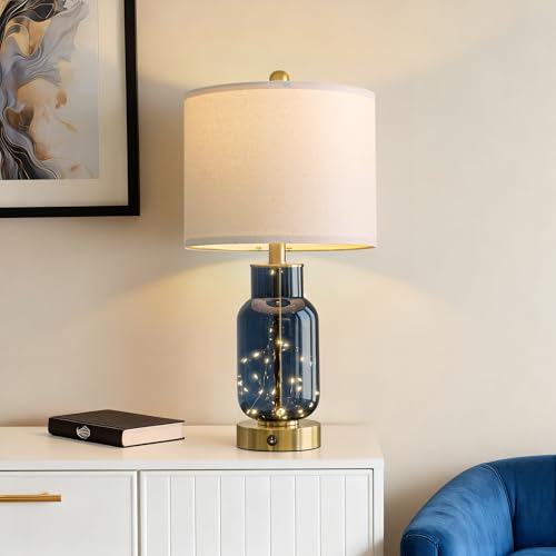 Oneach 22-Inch Blue Glass Table Lamps Set of 2 with USB Charging & Nightlight