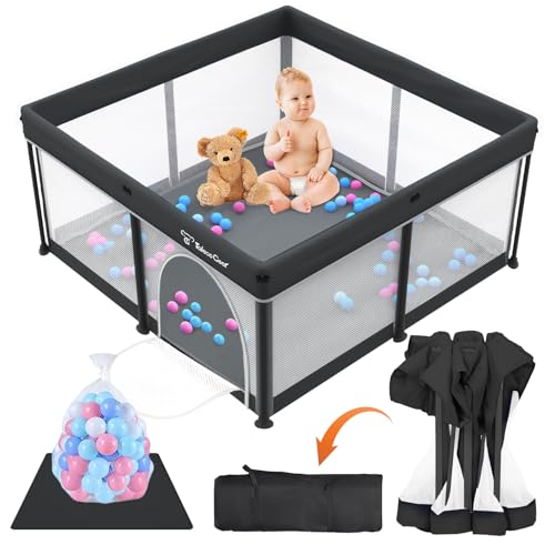 Black Foldable Baby Playpen with Mat, 50x50 Inches, Breathable Mesh, Ocean Balls Included