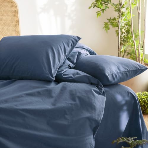 Queen Cotton Duvet Cover Set - Dark Blue, 100% Washed Cotton, Linen Look, Breathable & Durable, Farmhouse Style