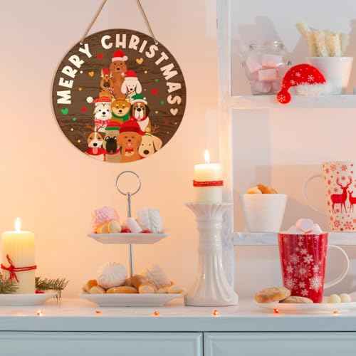 Merry Christmas Dog Sign Decor, Christmas Sign for Front Door Porch Home Xmas Holiday Hanging Sign Decorations Farmhouse Paw Tree Dog Owner Christmas Wooden Wall Sign