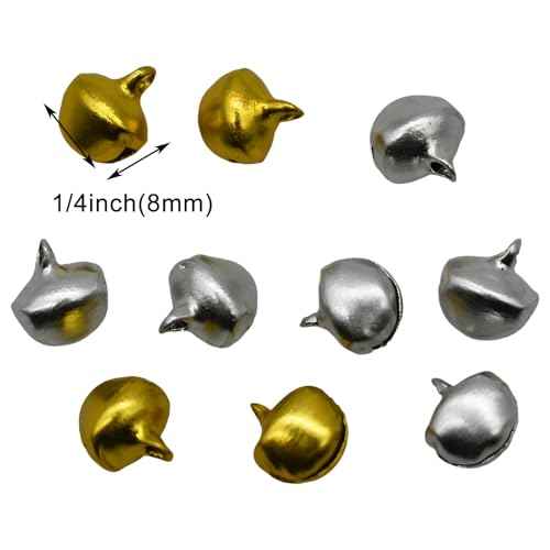 300Pcs 1/4inch Mini Jingle Bells 8mm Tiny Craft Bells Small Metal Bells Bulk for DIY Bracelet Anklets Necklace Knitting Jewelry Making (Silver, Gold)