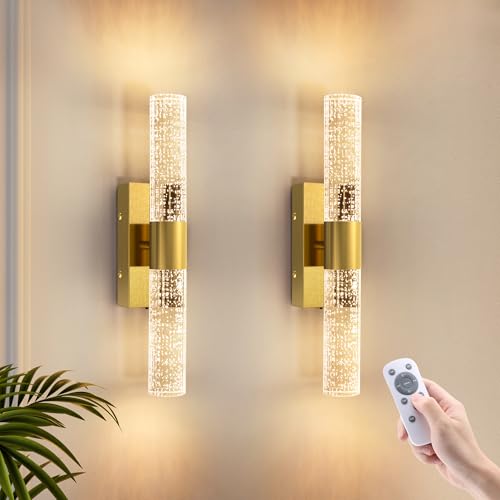 VOLISUN Gold Battery Operated Wall Sconces Set of 2, Wireless Rechargeable Wall Lights with Remote, Dimmable, 3 Color Temps, 15.3 inch