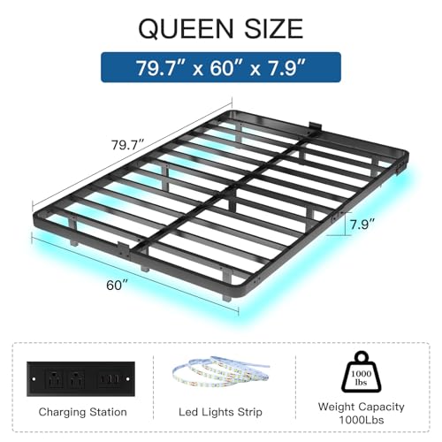 Queen Size Floating Bed Frame with RGB LED Lights & Charging Station - Modern Metal Platform Bed, No Box Spring Needed, Easy Assembly
