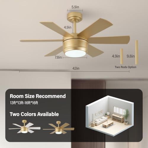 SHOWDI Gold Ceiling Fan with Lights and Remote - 42 Inch, 6-Blade, Quiet Reversible
