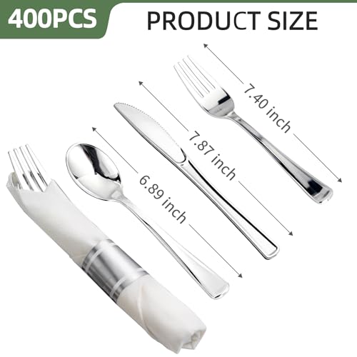 400-Piece Silver Disposable Cutlery Set with Napkins - Heavy Duty & Pre-Rolled for Parties