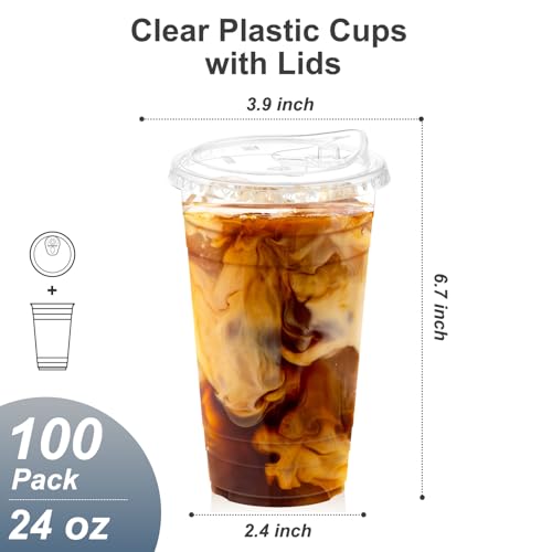 Dealusy 24 oz Clear Plastic Cups with Sip Lids – 100 Pack, Disposable, No Spill