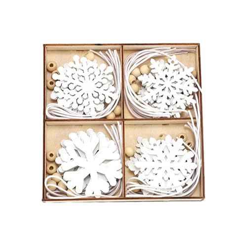 24PCS Wooden Snowflake Ornaments, White Hollowed Snowflake Christmas Tree Hanging Ornaments Rustic Crafts with Rope for Xmas Tree Decor