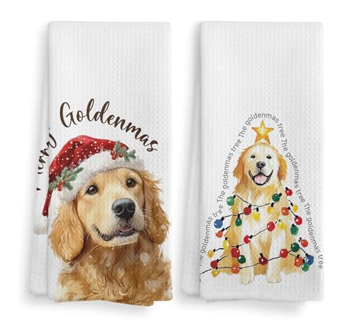 NOQL Golden Retriever Dog Christmas Kitchen Towels Set of 2, 16x24 Inch Holiday Hand Towels