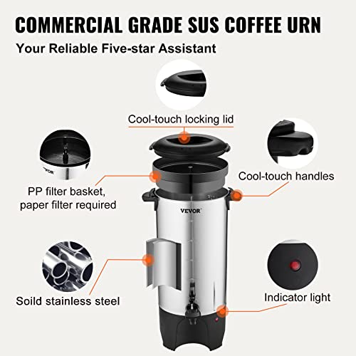 VEVOR 50-Cup Commercial Coffee Urn Stainless Steel Hot Beverage Dispenser 7.5L