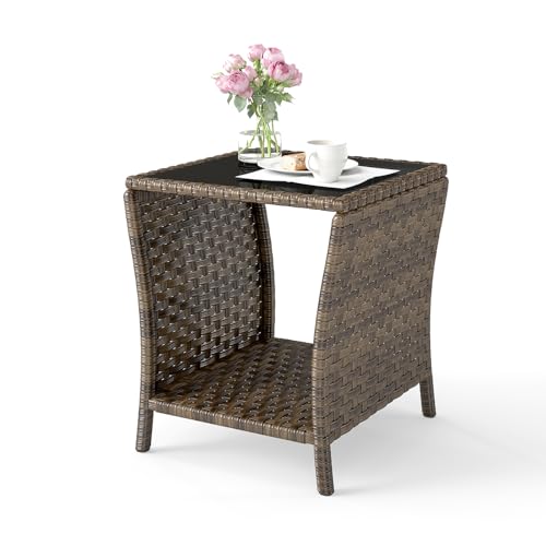 Outdoor Wicker Side Table, Rattan End Glass Top,Patio Garden