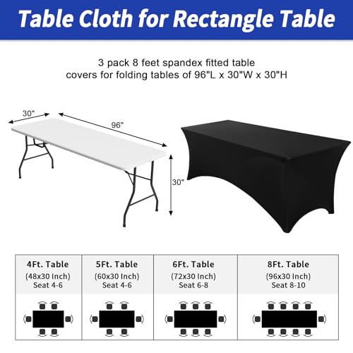 Fixwal Black 8ft Fitted Spandex Table Cover 3 Pack for Rectangle Tables