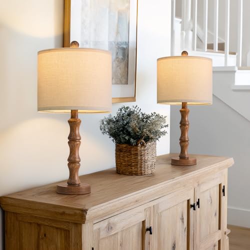 Small Rustic Table Lamp Set of 2 - Light Walnut Farmhouse Nightstand Lamps